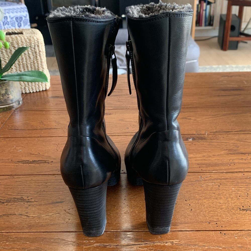 Paul Green Stacked Heel Black Leather Boots w/ Shearling Lining Roll Down Size 8 - Picture 9 of 12